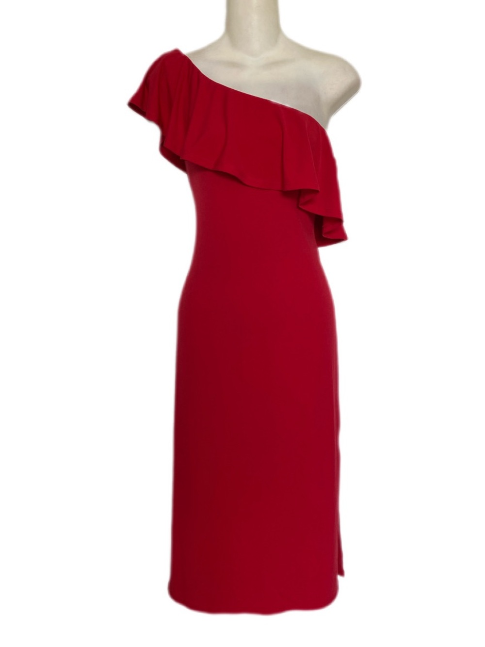 Velvet by Graham and Spencer Red One-Shoulder Ruffle Jersey Stretch Dress Large
